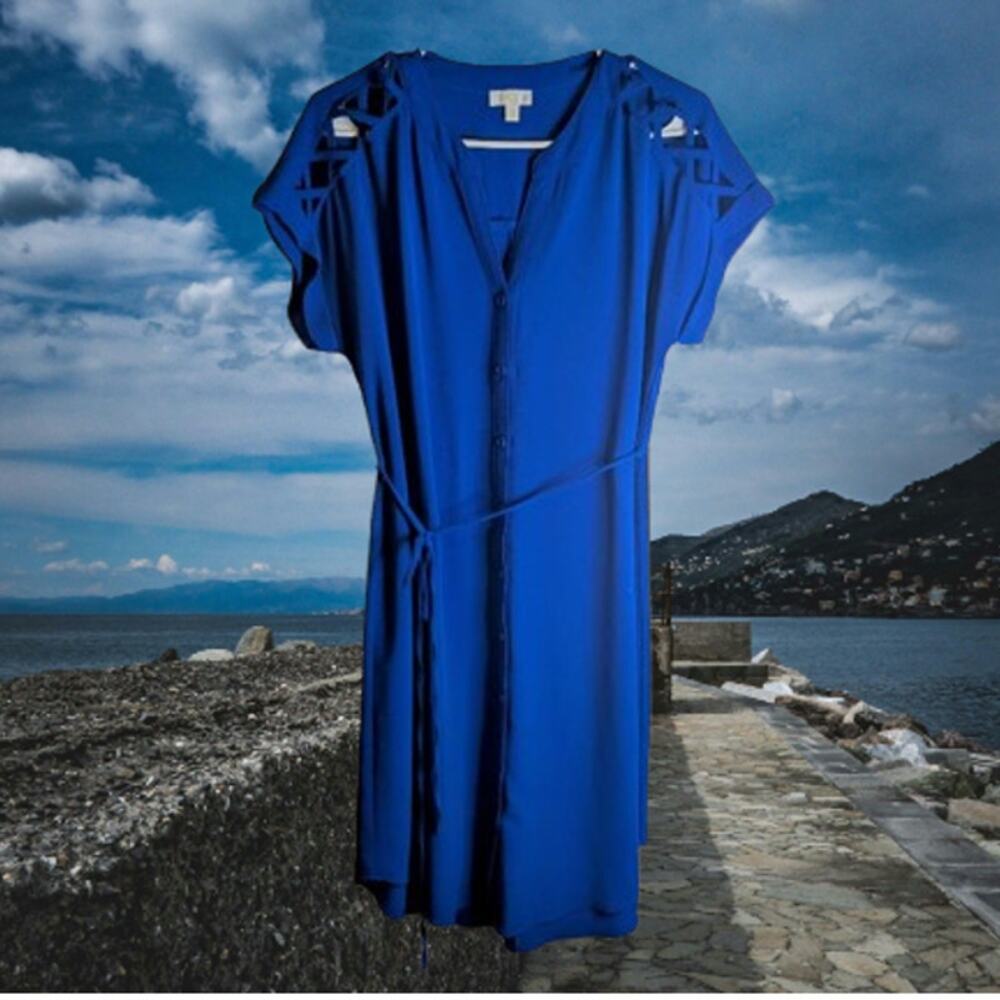 Charming Charlie medium polyester blend button down short sleeve blue dress.